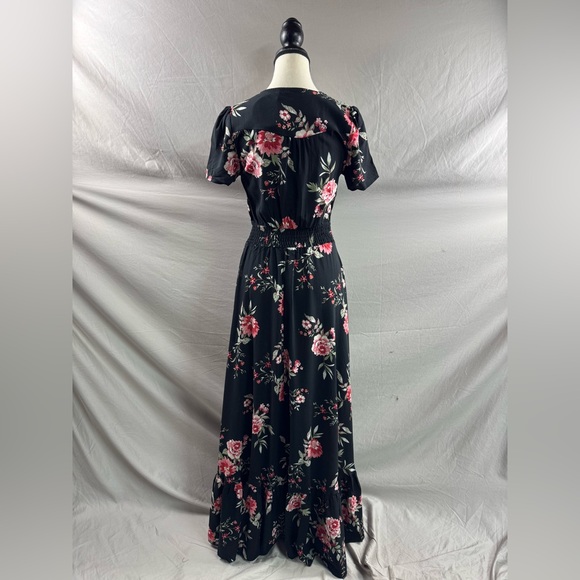 Black Boho Rose Floral Print Button Front Split Thigh Dress - Picture 14 of 14